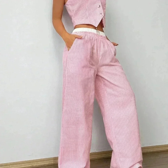 Multicolor Casual Women's Striped Sleeveless V-Neck Top And Pocket Pants Set - Picture 5 of 6